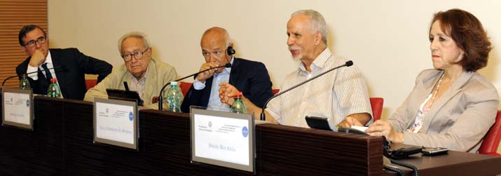 Il Rettore Melis, Franco Rizzi, Antonello Cabras, il Rettore dell&rsquo;Ateneo di Tunisi, la vicerettrice di Rabat (foto Cogotti)